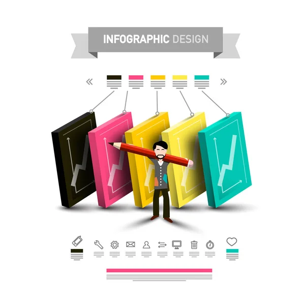 Diseño Infográfico Cinco Pasos Con Iconos Lápiz Sujeción Hombre Diseño — Vector de stock