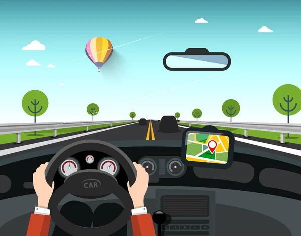 Auto Gps Navigace Silnici Ruce Volant Slunečného Dne Venkovské Krajiny — Stockový vektor