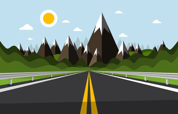 Carretera Vacía Con Montañas Colinas Fondo Dibujos Animados Día Soleado — Archivo Imágenes Vectoriales