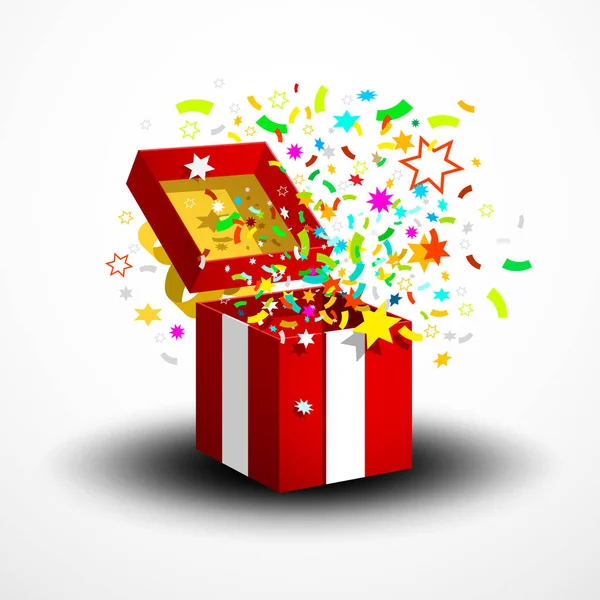 Открытая Красная Подарочная Коробка Конфетти Праздничным Украшением Бумаги Белом Фоне — стоковый вектор