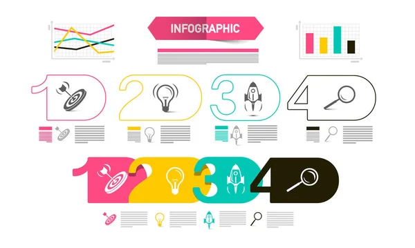 Apresentação Web Moderna Quatro Passos Com Gráficos Ícones Textos Amostra — Vetor de Stock