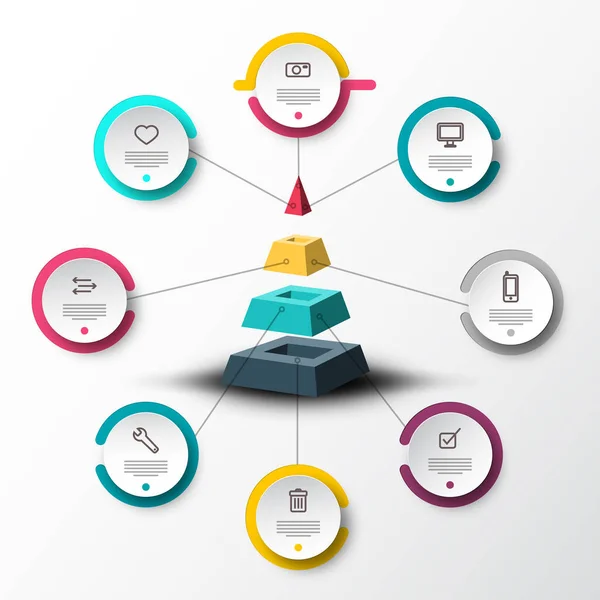 Infographic Tijdlijn Concept Met Voorbeeldtekst Pictogrammen Cirkel Etiketten Rond Piramide — Stockvector