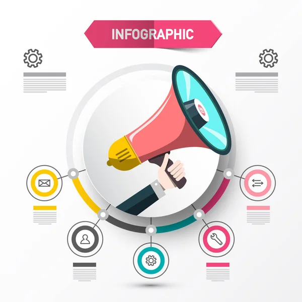 Concepto Infográfico Con Megáfono Plantilla Diagrama Flujo Datos Con Etiquetas — Vector de stock