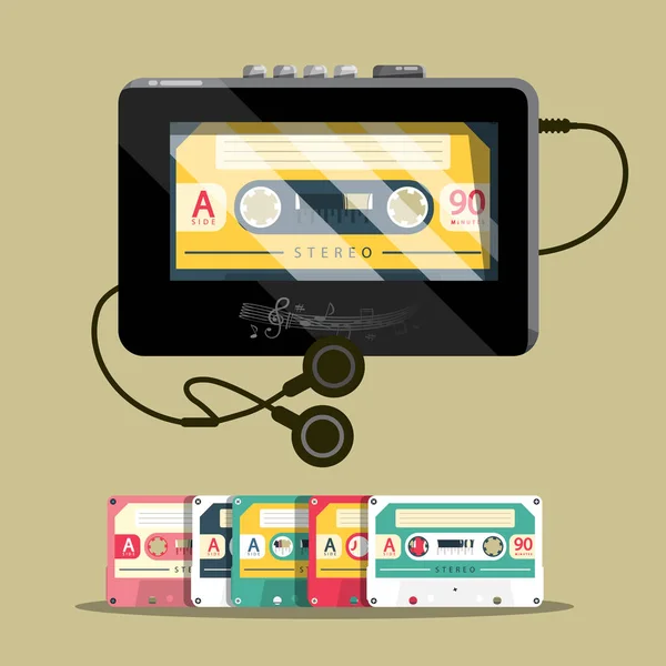 Cassettess Áudio Com Walkman Retro Music Player Vector Design —  Vetores de Stock