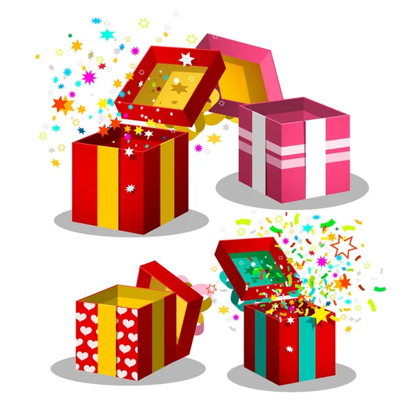 Conjunto Cajas Regalo Papel Open Present Box Símbolos Con Confetti — Vector de stock