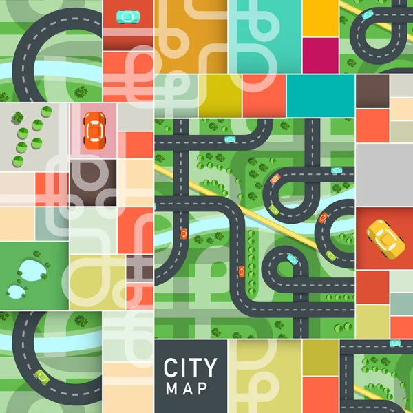 矢量顶视图城市地图与道路和汽车在流路上 — 图库矢量图片