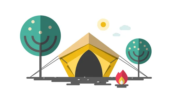 Tält Med Eld Och Träd Camping Vektorillustration Platt Design — Stock vektor