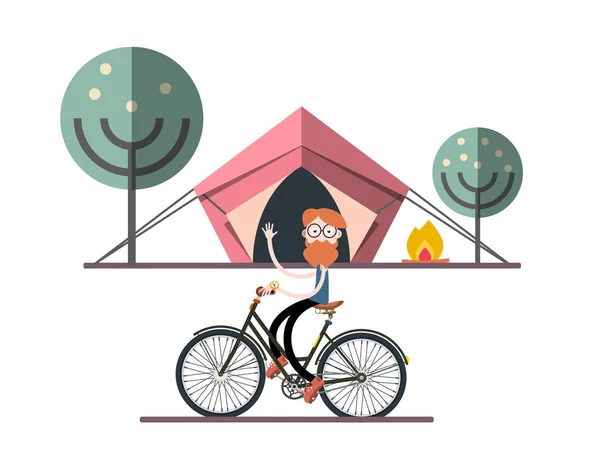 Человек Велосипеде Палаткой Огнем Деревьями Заднем Плане Векторный Плоский Дизайн — стоковый вектор