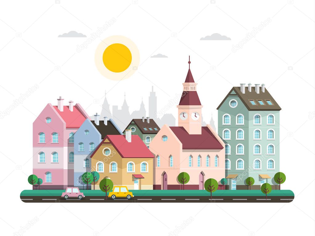 Houses in City. Vector Flat Design Architecture Buildings in Town. Sunny Day - Urban Landscape Cartoon.
