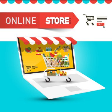 Sepeti ve Notebook ekran öğeleri simgeleri online mağaza tasarımı. E-ticaret sembolü. Vektör E-shop konsepti.