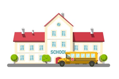 Okul otobüsü ve bina vardı beyaz arka plan vektör illüstrasyon izole ağaçlar