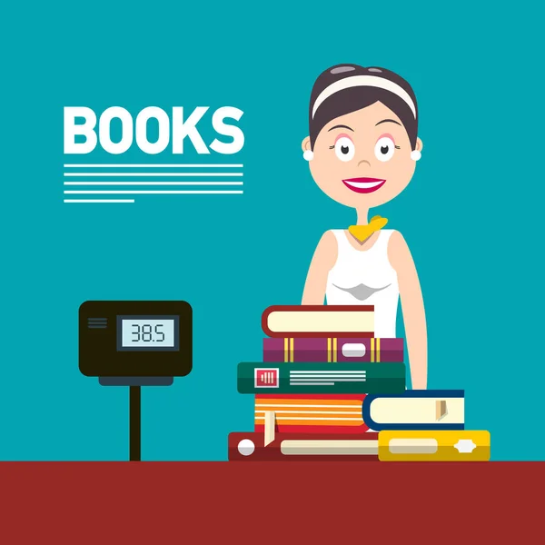 Femme vendant des livres en librairie ou en bibliothèque Illustration Flat Design — Image vectorielle