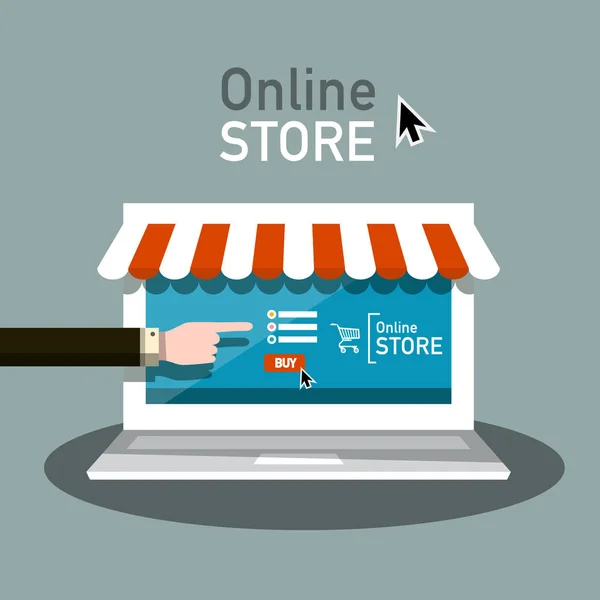 Online Store-Symbol. Vector E Shop ikonen med Hand och bärbara datorer. — Stock vektor