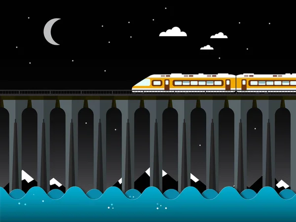 夜间景观与火车和桥梁在海上。海浪和天空中的月亮. — 图库矢量图片