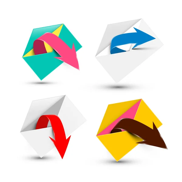 Enveloppes ouvertes avec flèches isolées sur fond blanc. Vecteur Envoyer un Symbole Email . — Image vectorielle
