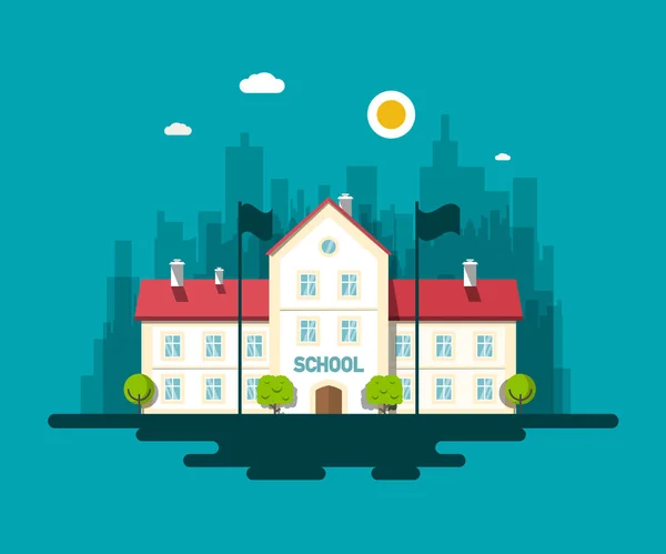 Város iskola épület lapos Design vektor illusztráció felhőkarcolók, a háttér, a fák és a zászlók — Stock Vector