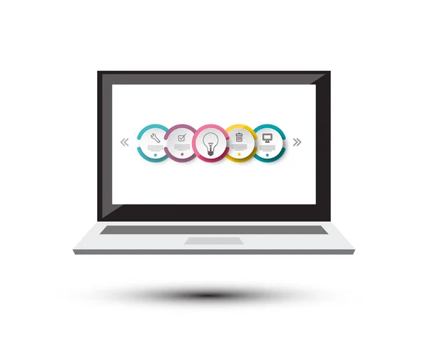 Ikonu poznámkového bloku s infografika prvky na obrazovce. Vektoru Symbol Laptop s kruhem infografika popisky na Display. — Stockový vektor