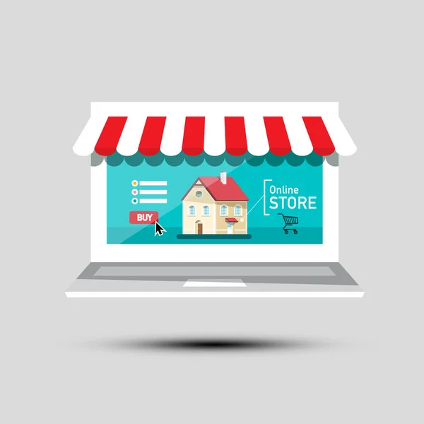 Online mağaza sembolü. WorldBlade vektör simgesi. E-shop konsepti ile bina ve alışveriş sepeti ekranda. — Stok Vektör