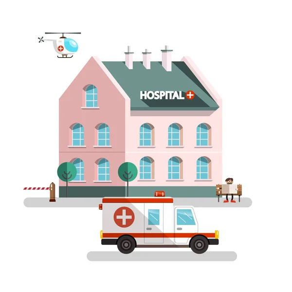 Sjukhusbyggnaden med ambulans bil, helikopter och Man läser dagstidningar. Vector urbana landskap. — Stock vektor