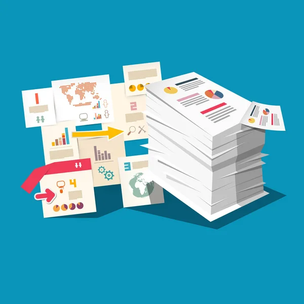 Paperwork Concept with Business Documents and Stak of Paper. Impuestos vectoriales o diseño infográfico . — Vector de stock