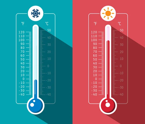 Hideg és meleg hőmérő ikonok. Vektor Celsius és Fahrenheit mérlegek meteorológia szimbólumok. — Stock Vector