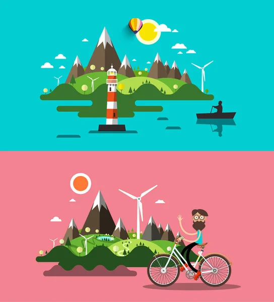 Vector platte-ontwerpset landschappen. Oceaan landschap met vuurtoren, eiland en boot en Man op fiets met bergen en windmolens op de achtergrond. — Stockvector
