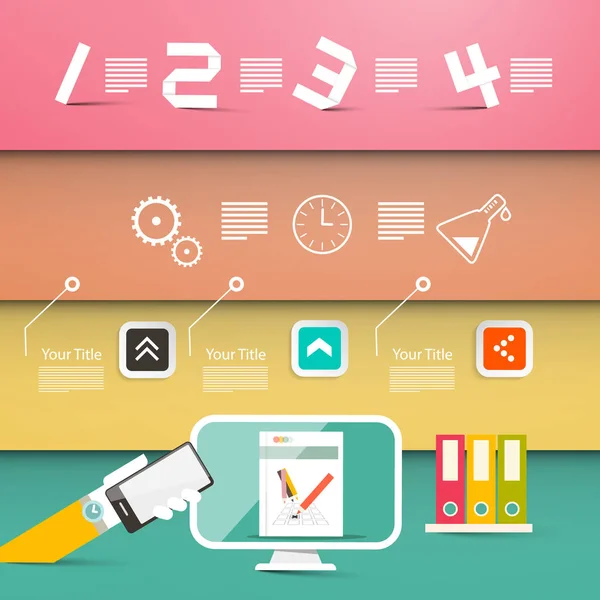 Site Web en quatre étapes ou conception vectorielle infographique avec ordinateur et icônes — Image vectorielle