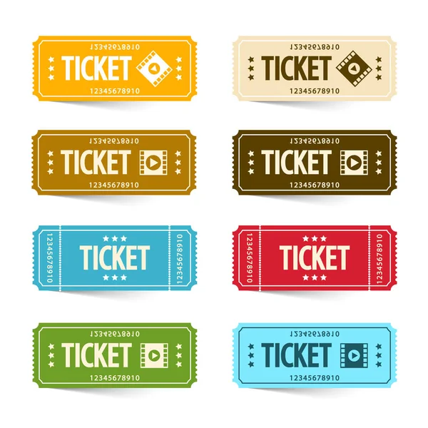 Комплект бумажных билетов в кинотеатр, векторный концерт или символы фестивальных билетов. Примите один набор икон Movie . — стоковый вектор