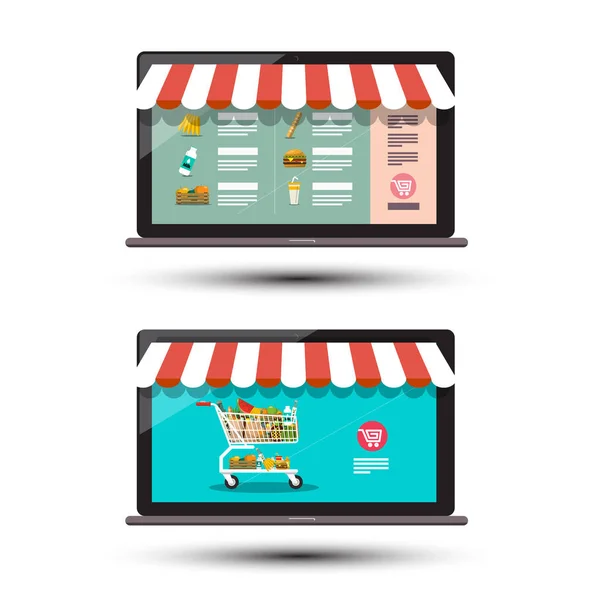 Food Online Store Concpt. E Tienda Iconos. E-commerce Diseño de vectores. Aplicación de tienda electrónica en computadoras portátiles . — Vector de stock