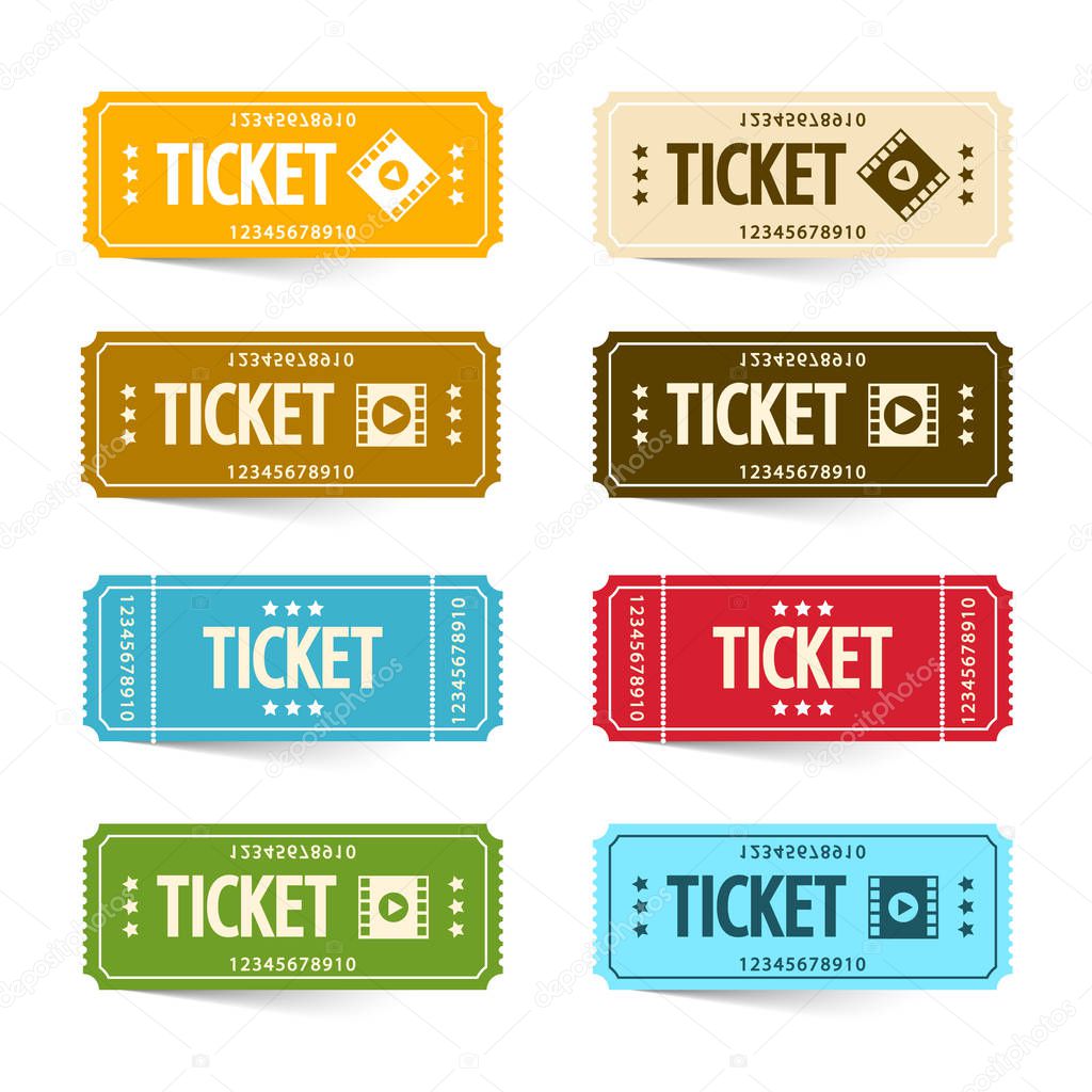 Paper Cinema Tickets Set, Vector Concert or Festival Ticket Symbols. Admit One Movie Icon Set.
