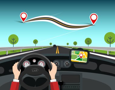 Hedef iğne ile yol haritası. Gps navigasyon vektör tasarımı ile sokakta araba sürüş.