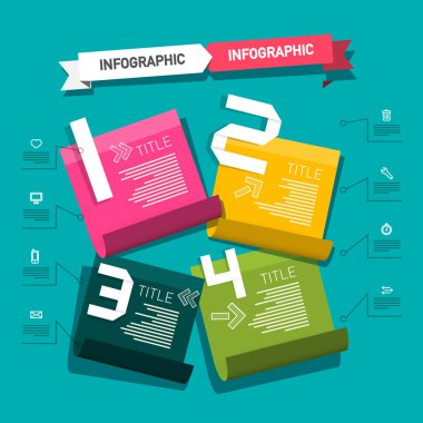 Dört adım simgeler ve renkli defter kağıtları kağıt Infographic tasarım vektör