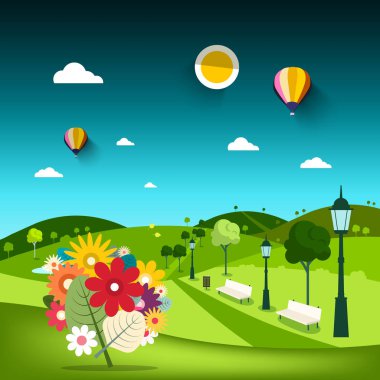 Boş Park ile arka plan tepelerde ve yol lambaları çiçeklenir. Vektör manzara.
