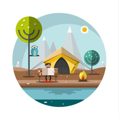 Vektör düz tasarım Peyzaj Park önünde çadır kampı okuma gazetelerde adamla. Arka plan üzerinde yüksek dağlar.