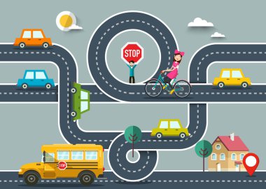 Arabalar ve hedef PIN ile şehir yol haritası. Vektör düz tasarım yol dur işareti ve kadın bisiklet üzerinde tutan adamla.