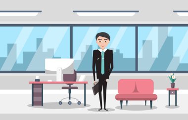 Modern ofis vektör düz tasarım karikatür şehir gökdelenler arkasında Windows ile iş adamı