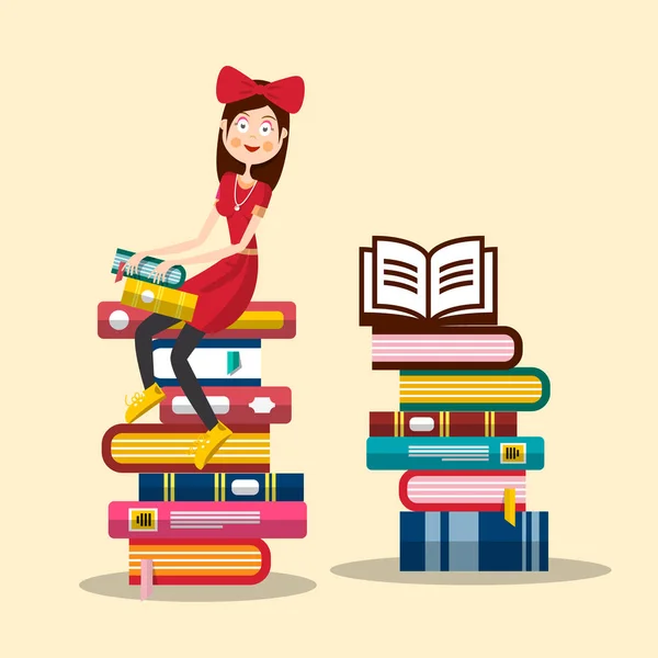 Femme étudiant à la bibliothèque. Jeune fille en rouge assis sur la pile de livres. Concept de connaissance de la littérature vectorielle . — Image vectorielle