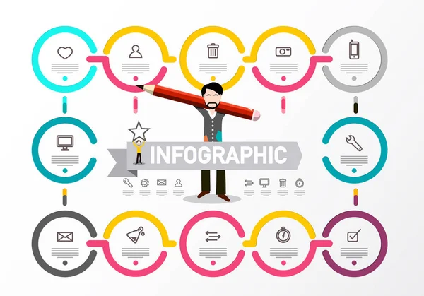 Tabla de datos de presentación con lápiz de retención de hombre - Informe de negocios y diseño de infografía — Vector de stock