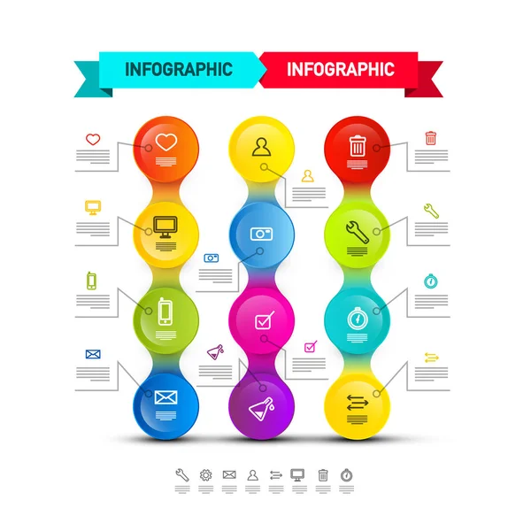 Kleurrijke vormen Infographic sjabloon. Vector gegevens grafiek Flow Infographics met pictogrammen en voorbeeld teksten. — Stockvector