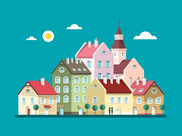 Houses - Vector Flat Design Buildings. Abstract Village or Town. — Stock Vector