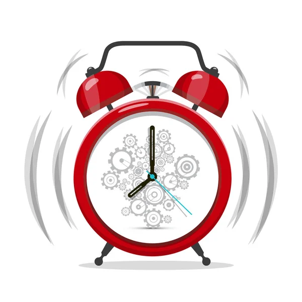 Ochtend beltonen Rood Alarm klokpictogram met radertjes. Vector Tijdsymbool. — Stockvector