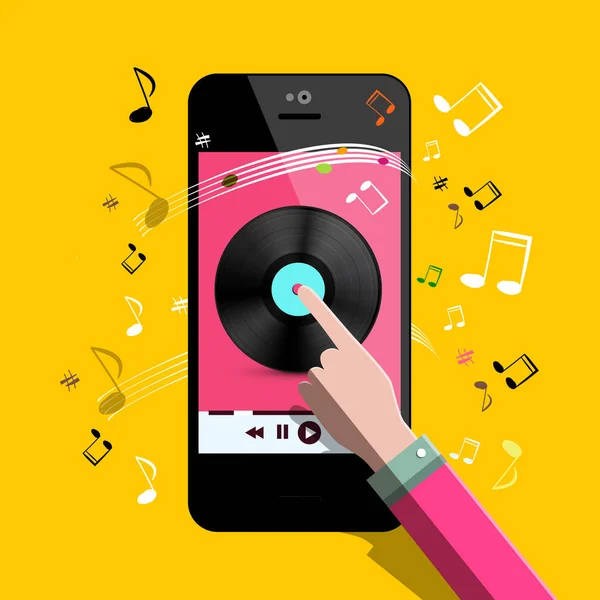 Music Player Vector Flat Design Symbol with Vinyl Icon on Phone Screen and Hand. Notes on Background. — Stock Vector