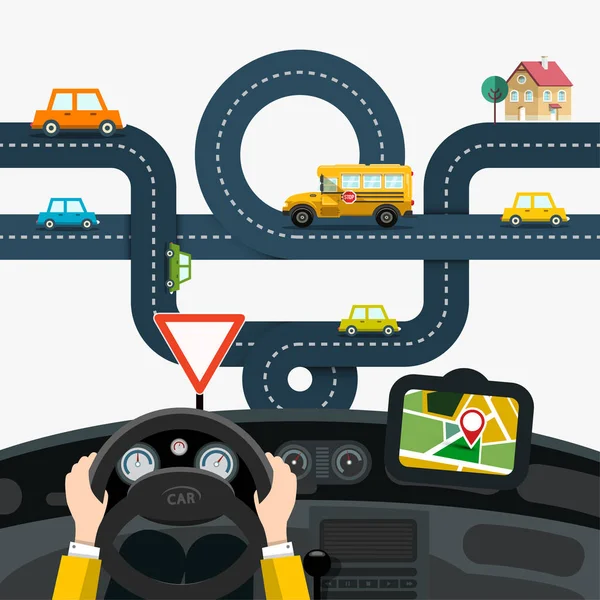 Man Driving Car with Hands on Steering Wheel and Road with Cars on Background. Vector GPS Navigation Design. — Stock Vector