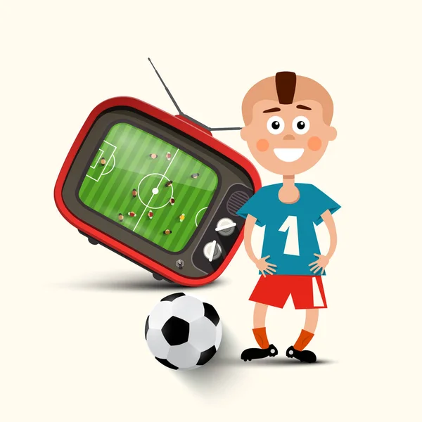 Jongen met voetbal bal en televisie met voetbalwedstrijd op scherm - Vector Design — Stockvector