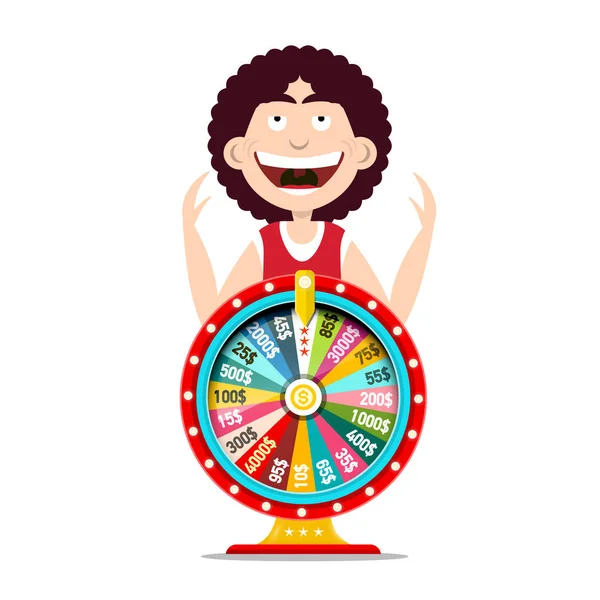 Homem Funky feliz com Roda Vencedora da Sorte - Lotery Vector Design — Vetor de Stock
