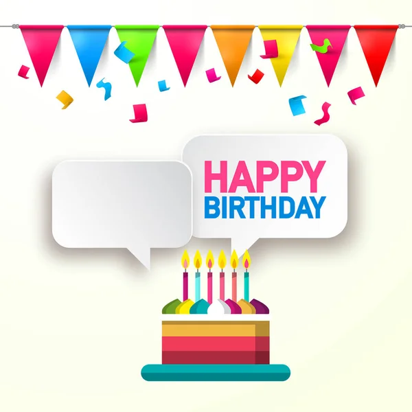 Tarjeta de cumpleaños con pastel, confeti y banderas - Diseño vectorial con burbujas de voz — Vector de stock
