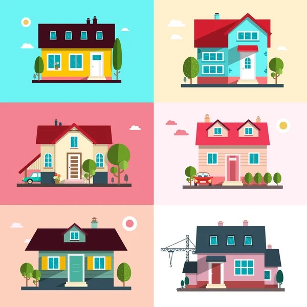 Símbolos del edificio urbano - Conjunto de casas familiares de diseño plano vectorial - Inicio Iconos exteriores — Vector de stock