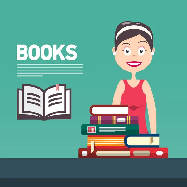 Femme avec des livres Vector Flat Design Education - Étude de la littérature et de la connaissance Concept. Jeune étudiant en bibliothèque ou librairie . — Image vectorielle