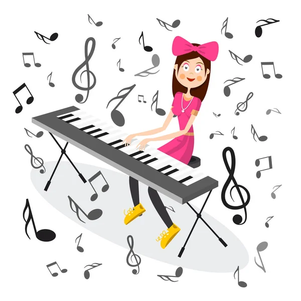 Kadın pembe notlar vektör çizim ile elektrikli piyano. Caz veya Pop müzik karikatür mutlu kızla. — Stok Vektör