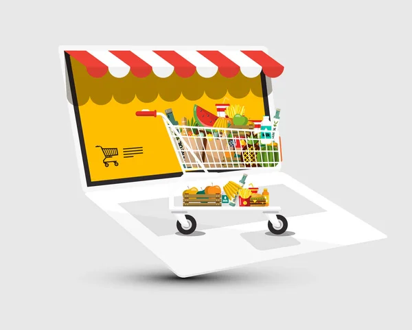 Internet Shop with Cart and Laptop - Vector E-shop Symbol. Virtual Store Market. — Stock Vector